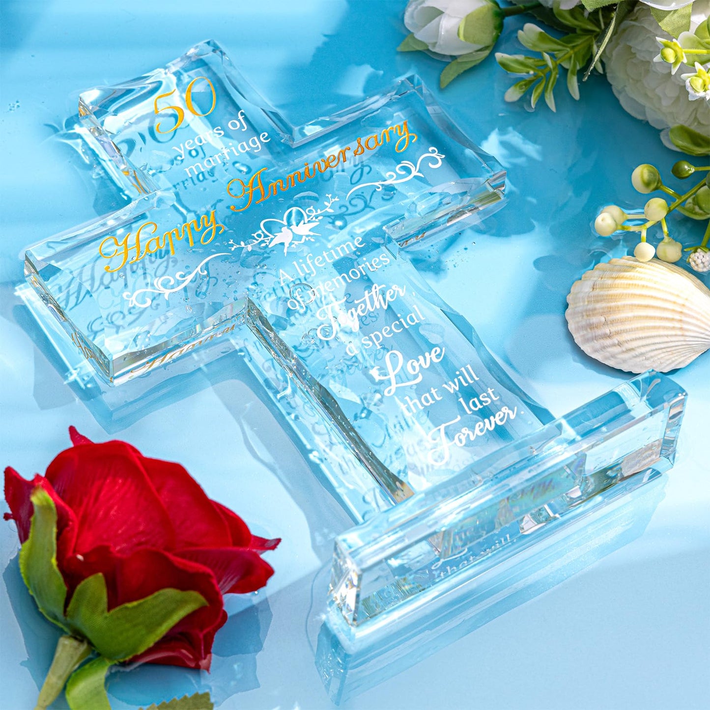 50th Wedding Anniversary Religious Gifts for Parents, Laser Engraved Glass Standing Cross for Couple Wife Husband Dad Mom, 50 Years Aniversary Decorations for Home Party
