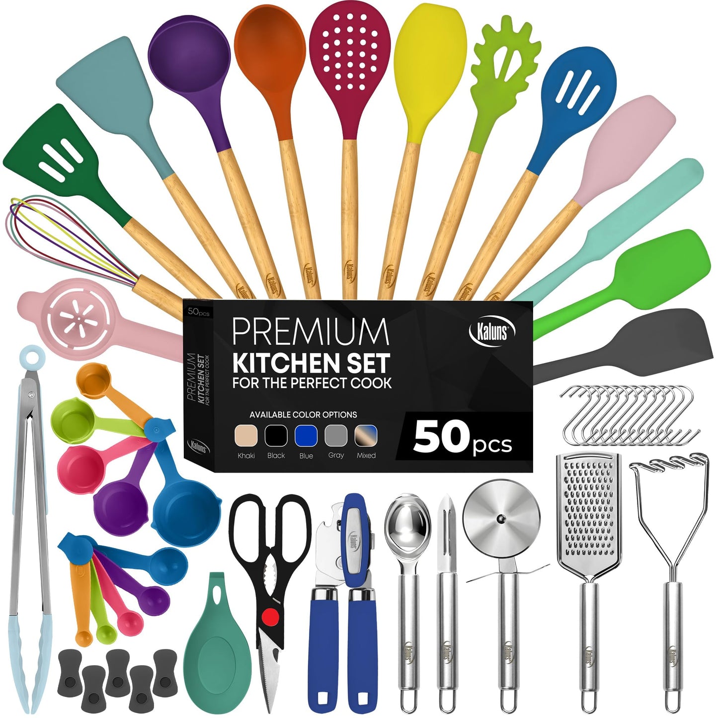 Kaluns 50 PCS Silicone Kitchen Utensils Set Complete Kitchen Set - 800°F Heat Resistant Non-Stick Premium Cooking Utensils W Wooden Handles - Can Opener, Masher, Turner, Silicone Spatula Set