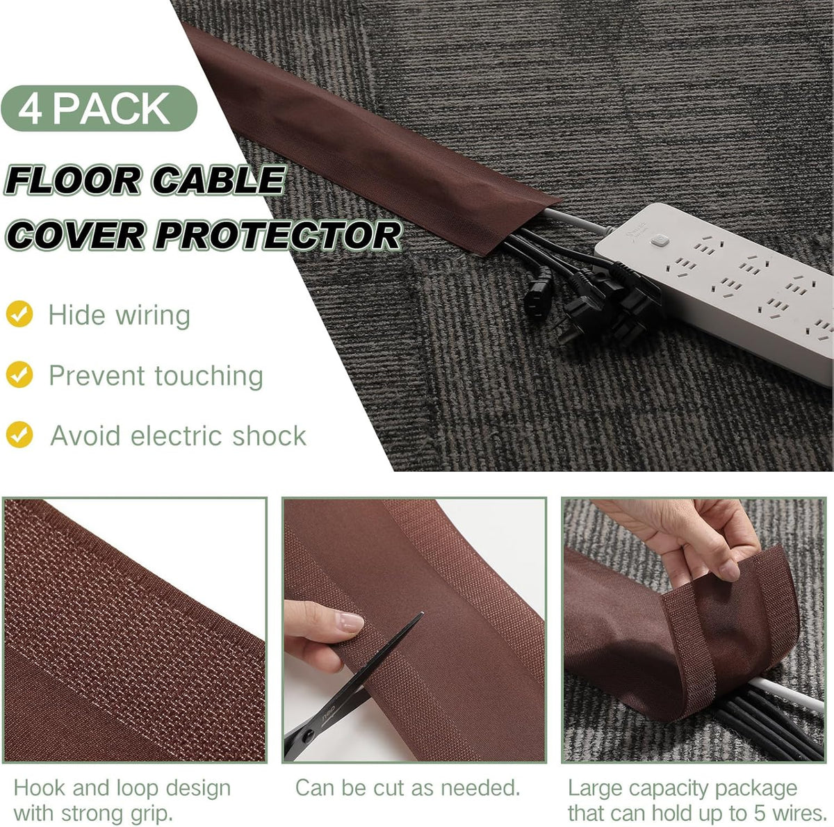 WILLBOND Grip Floor Cable Cover Cords Protector Management Only for Commercial Office Carpet(19.69 ft,Brown)