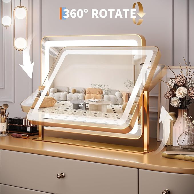 IDEALHOUSE Vanity Mirror with Lights, 20"x17" Lighted Makeup Mirror, LED Desk Mirorr with 360° Rotation, Dimmable 3 Modes, Smart Touch Control for Bedroom or Tabletop(Square,Gold)