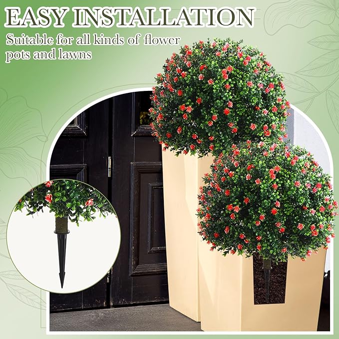 Yunlly Set of 2 Artificial Boxwood Topiary Ball Tree Fake Bushes Shrubs Outdoor Faux Plant with Ground Spike Flowers UV Resistance Greenery for Front Porch Garden Patio Indoor(Red,27x18inch)