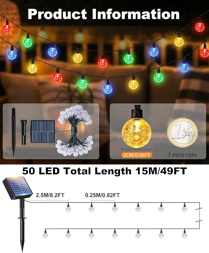 btfarm 2 Pack Solar String Lights Outdoor Waterproof, Total 98 FT 100 LED Solar Powered Patio Light, 8 Lighting Modes Crystal Globe Decor for Garden Balcony Yard Christmas Party, Multicolor