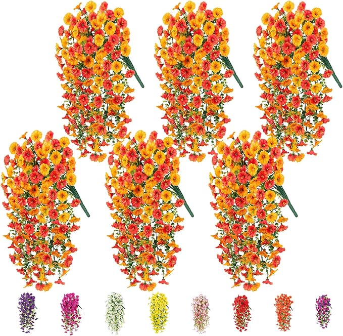 6-Pack Outdoor Faux Plants, 69-Flowered Large Morning Glory, Uv-Resistant Artificial Morning Glory,Perfect for Outdoor Decoration in All Seasons Such as Porches and Gardens (Red + Orange)