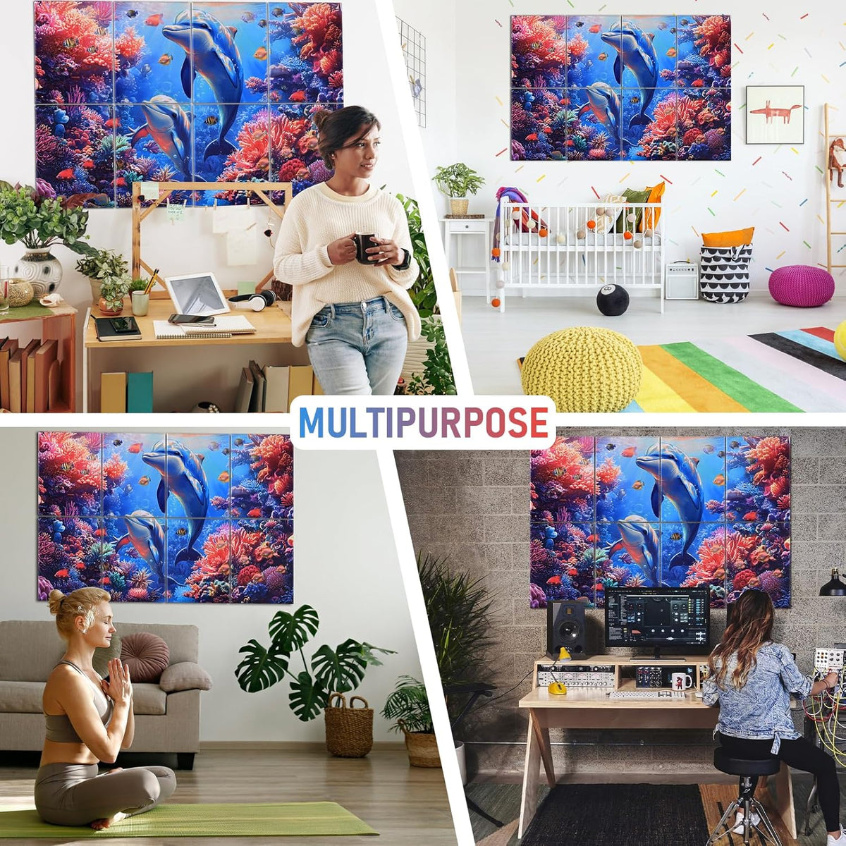 8 Pack Acoustic Panels,48"X32" Soundproof Wall Panels, Self Adhesive Sound Absorbing Wall Art,Decorative Sound Dampening Panels, Art Acoustic Treatment for Studio, Bedroom, Office(Dolphin)