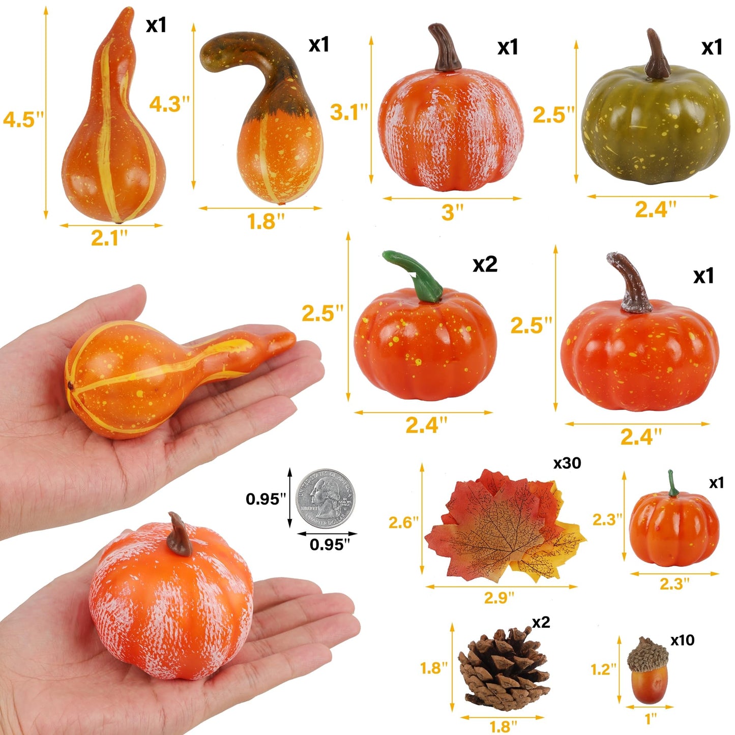 winemana Fall Decorations for Home-6pcs Mini Pumpkins & 2pcs Gourds, 30pcs Leaves & 10pcs Acorns, 2pcs Pinecones Centerpiece Set-Harvest Decor for Table Mantel (Largest: 4.5" x 2.1"")"