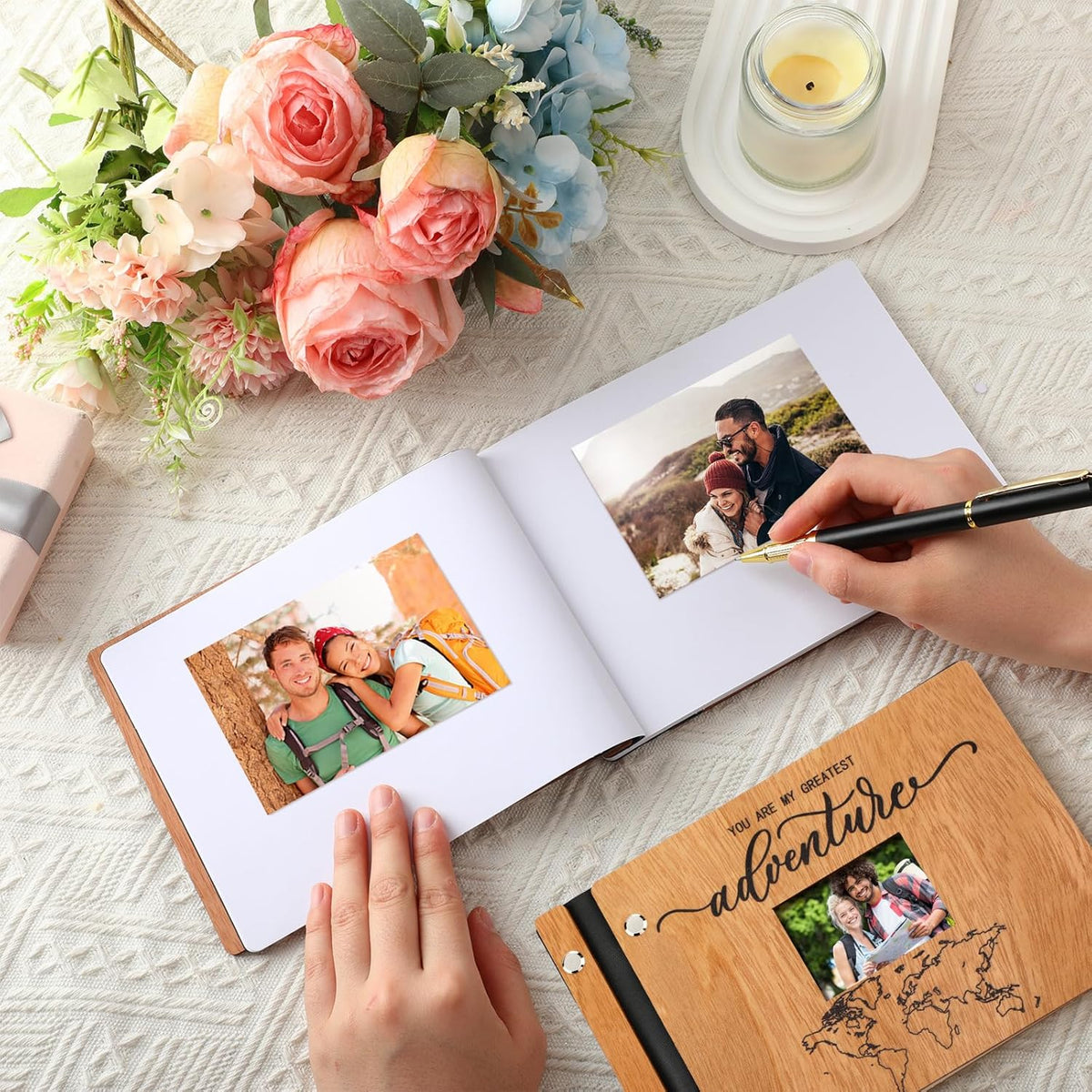 Adventure Wooden Guest Book with Pen 8 x 6 Inches 120 Pages Memory Scrapbook Rustic Signature Party Sign in Xmas Gift for Couple Guests Book