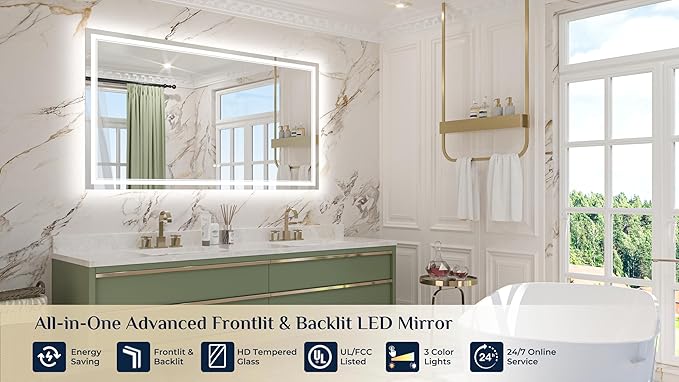 Keonjinn 60" x 36" LED Mirror for Bathroom, Frontlit & Backlit Mirror with Lights, HD Tempered Glass, Defogging, 3 Color Lights, Dimmable, UL-Listed LED Driver, Memory Function