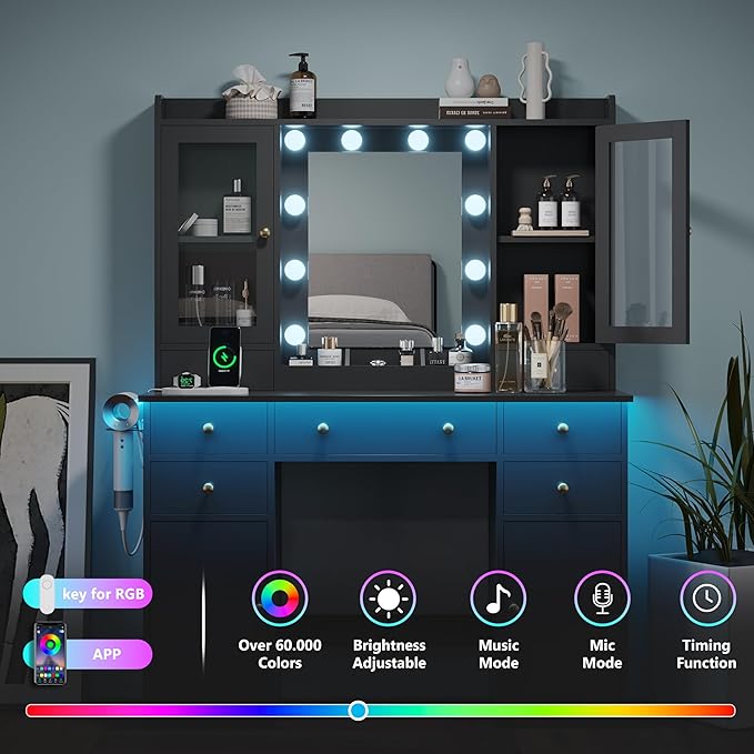 Makeup Vanity Desk with Mirror and Lights, Black Vanity Table Set with Storage Drawers, Charging Station & Cabinets, Large Dressing Table with RGB Ambient Light for Women Girls Bedroom Bathroom