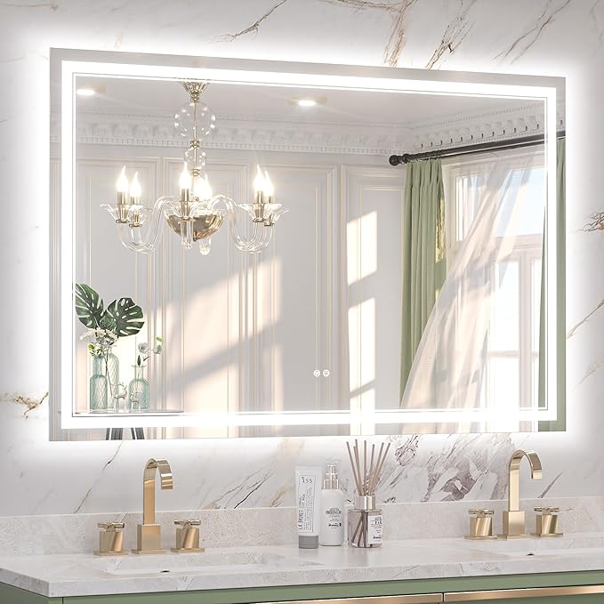 Keonjinn 55" x 36" LED Mirror, Frontlit & Backlit Bathroom Mirror, Oversized, Tempered Glass, Energy-Saving, Anti-Fog, Warm/Neutral/White Lights, Stepless Dimmable, UL-Listed LED Driver