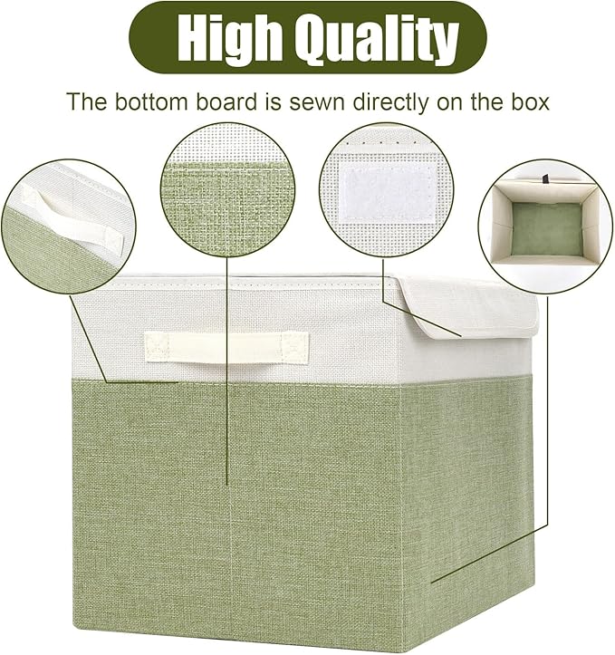 Large 17" 42 Quarts Collapsible Stackable Storage Bins with Lids [3-Pack] Foldable Fabric Linen Storage Boxes Cube, Closet Organizer Baskets with Label for Home (16.7 x 12 x 12", Green & White)