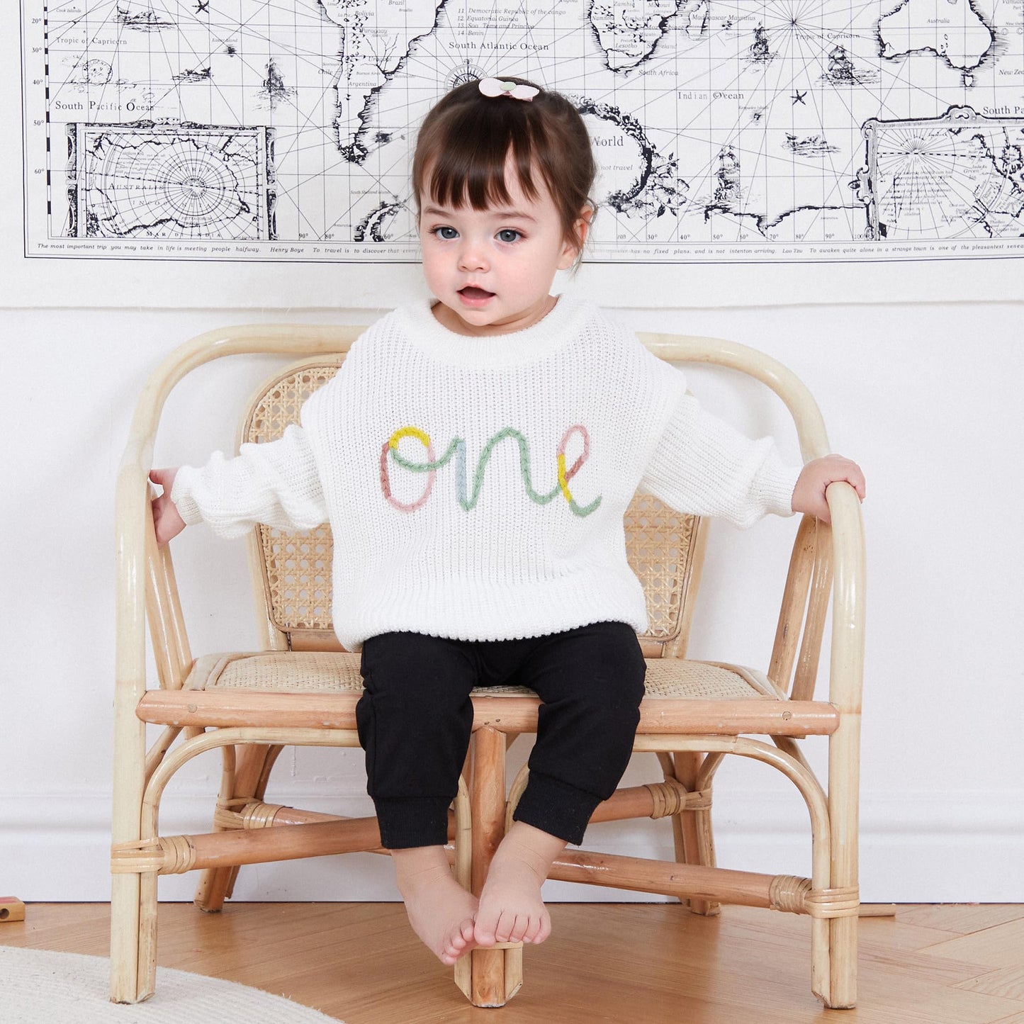 VISGOGO First Birthday Outfit Girl 1st Birthday Boy Gifts Sweatshirt Girls One Birthday Sweater Knitted Tops Fall Winter (A White, 12-18 Months)