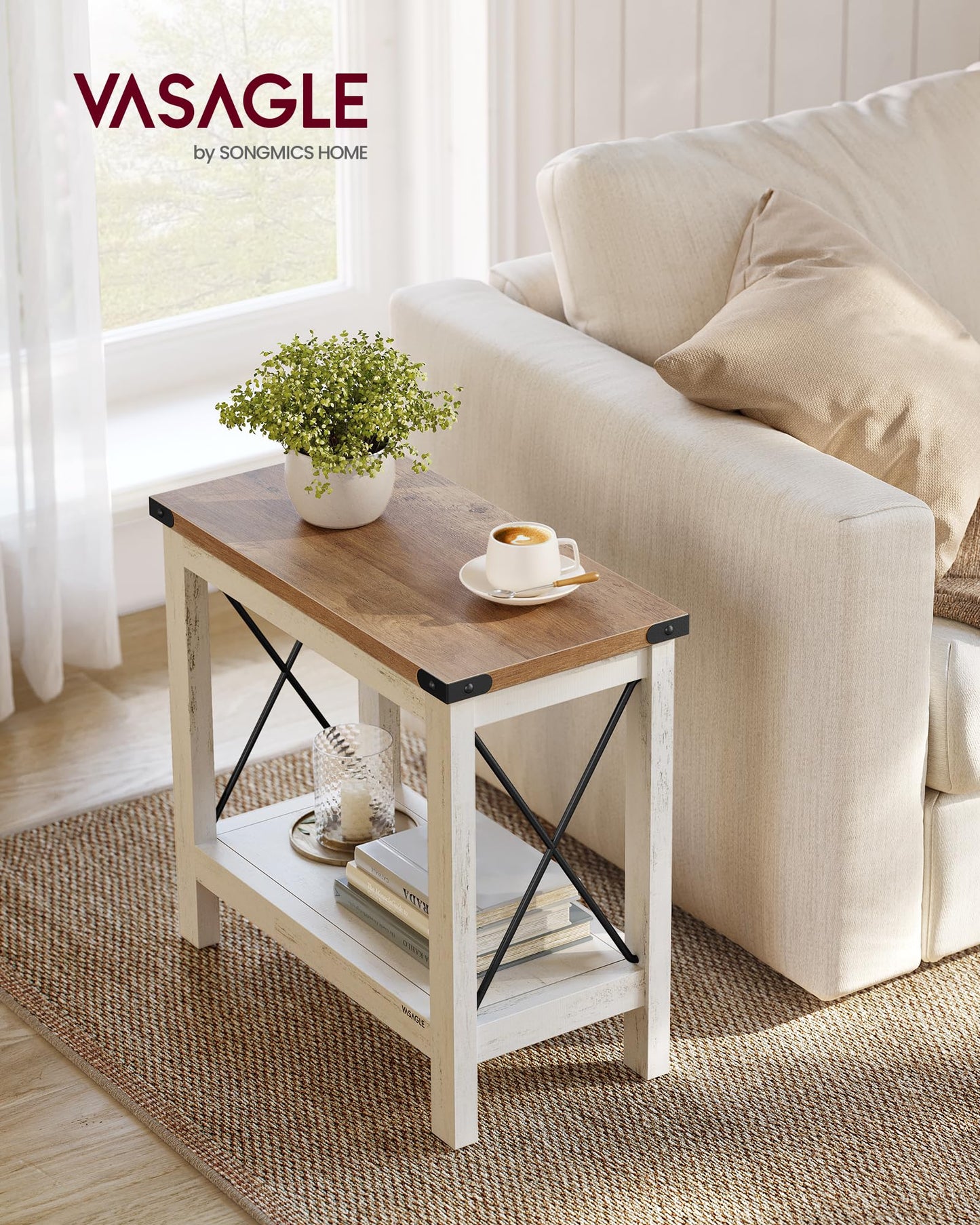 VASAGLE 2-Tier Side Table, End Table with Bottom Shelf, Nightstand for Small Spaces, for Living Room, Bedroom, Farmhouse Style, Rustic White and Honey Brown LET235W01