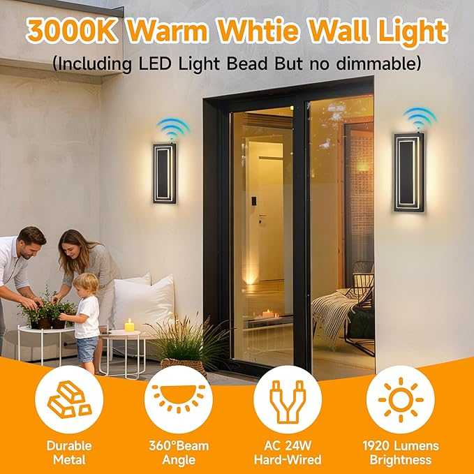 Dusk to Dawn Outdoor LED Wall Sconce,15.7 in Black Modern Square Outdoor Light Fixtures Wall Mount,Waterproof 2-Tier Exterior Lights for House,Garage,Porch,Patio,Yard,Foyer,3000K,24 W, 2PCS