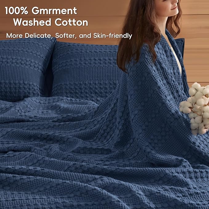PHF 100% Cotton Waffle Weave Blanket King Size for Bed, Soft Lightweight & Breathable, All-Season Comfort, Luxury Aesthetic Woven Bedding for Home Decor, 108"x90", Blue Sapphire