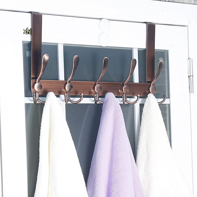 SKOLOO Over The Door Hook - for Doors up to 1-3/4'' Thickness, Metal Door Hanger with 5 Triple Hooks, Copper Red Over The Door Hanger for Coats, Hats, Towels, Assembly Required