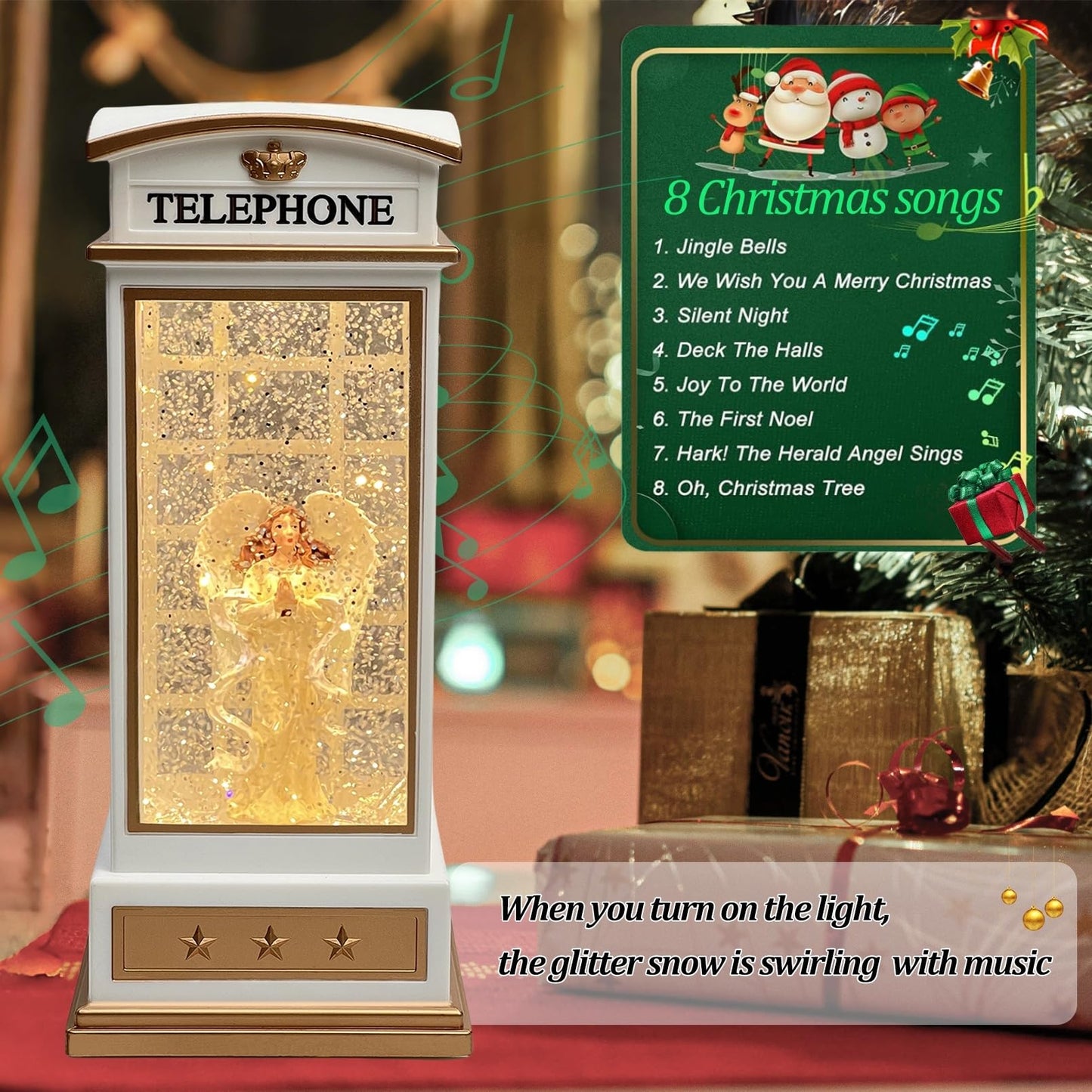 Christmas Snow Globe Lantern - Angel Scene Water Lanterns with Lights and Glitter - White Telephone Booth Decoration - USB or Battery Powered Musical Box for Adults Girls (Angel)