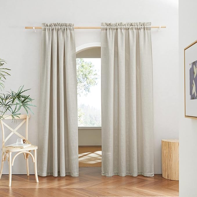 RYB HOME Linen Sheer Curtains - Natural Fibers Linen Blended Semitransparent Curtains & Drapes UV Protection Thermal Insualted for Classroom Camper Bunk Bed, W 52" x L 63", Angora, Set of 2
