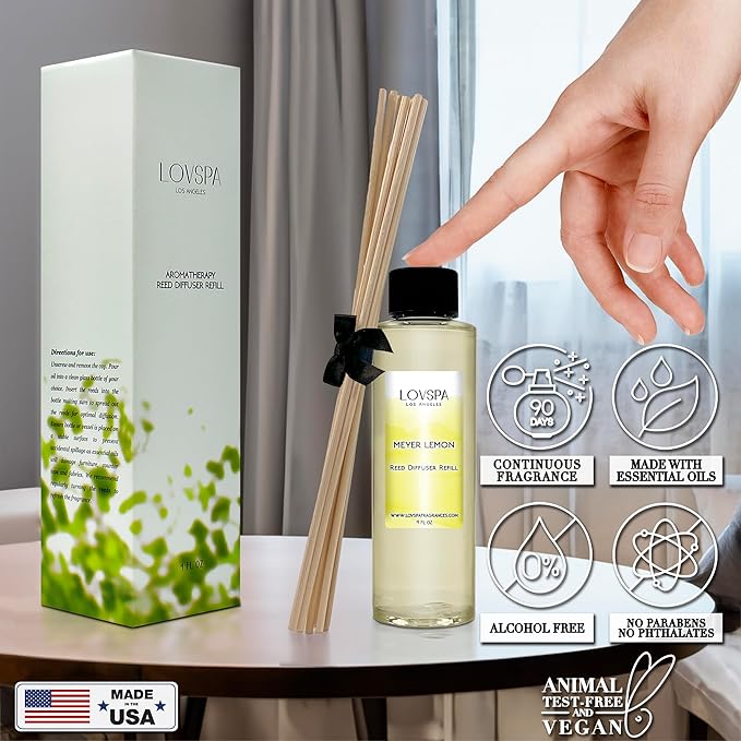 LOVSPA Meyer Lemon Diffuser Oil - Luxury Essential Oils for Diffuser Refill & Air Freshener Room Spray - Long-Lasting & Natural Home Fragrance, Scented Oil for Diffusers, USA Made, 4oz