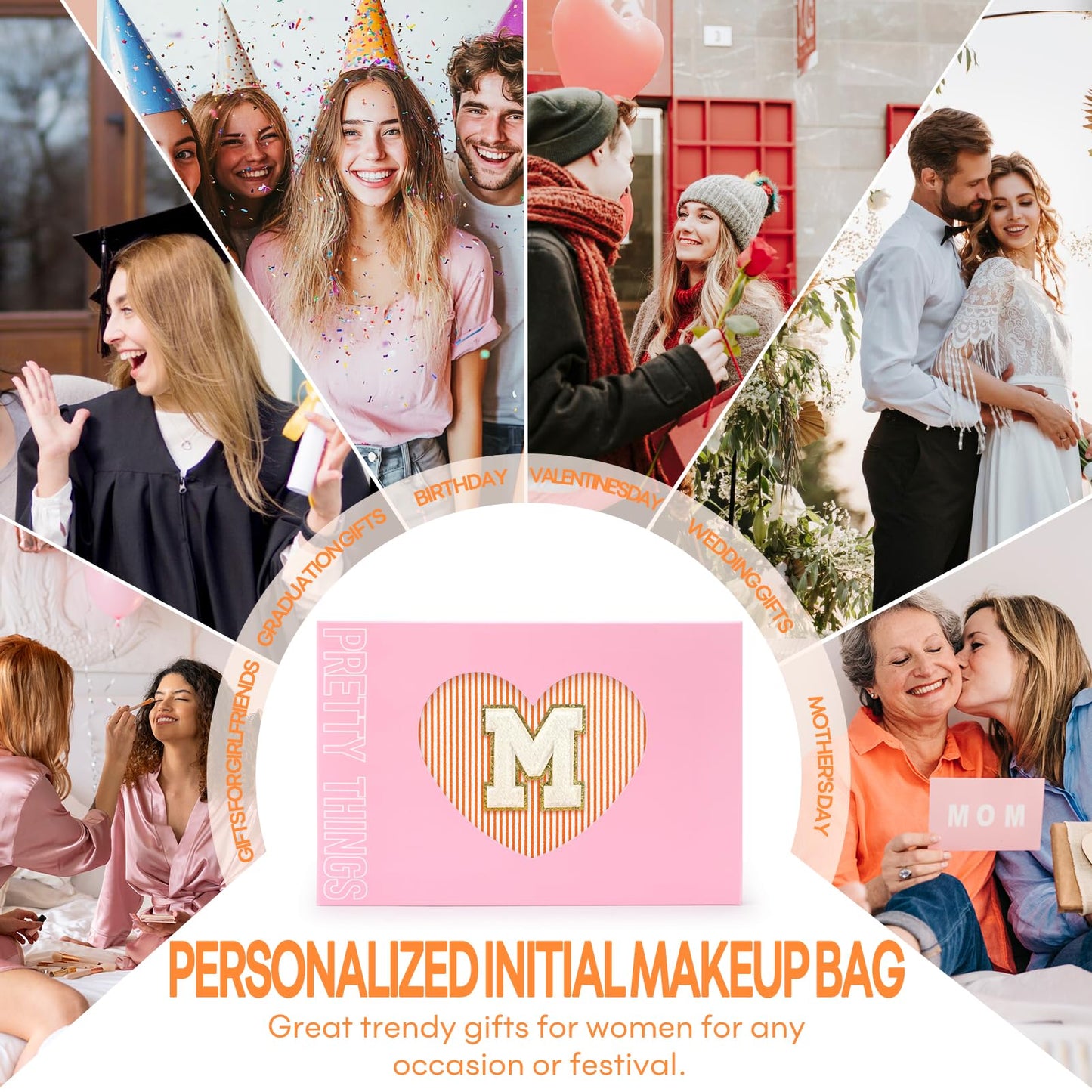 mibasies 2 PCS Initial Makeup Bags: Mothers Day Gifts for Women - Best Friend Birthday Gifts Graduation Gifts Wedding Bridesmaid Girlfriend Wife Daughter Sister Girl Gifts - Orange M