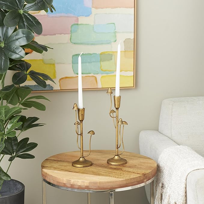 Deco 79 Metal Abstract Decorative Candle Holder Mushroom Inspired Candle Stand, Set of 2 Candlestick Holder 11", 14" H, Gold