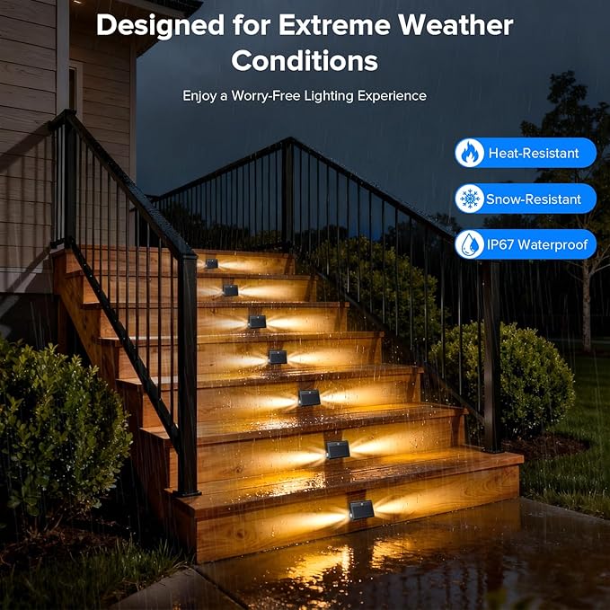 6 Pack Motion Sensor Solar Step Lights, IP67 Waterproof Outdoor Stair Light, 3 Color Temp & Double-Sided Lighting,Outside Decor Light for Deck,Porch,Railing,Fence,Walkway, Yard,Wall,Patio