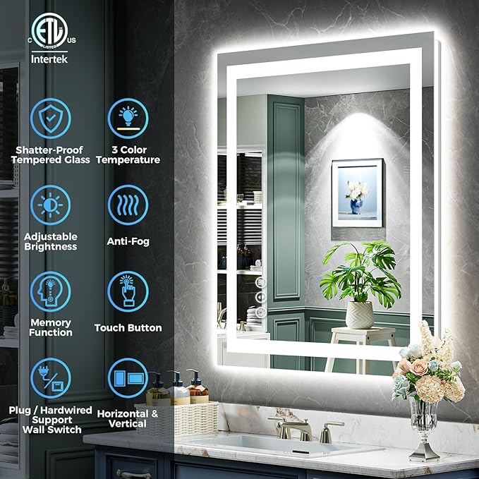 20x30 Inch LED Bathroom Mirror with Lights Front and Backlit Lighted Vanity Mirror for Bathroom Wall with 3 Colors Dimmable Anti-Fog Memory Shatter-Proof IP54 Waterproof Horizontal/Vertical
