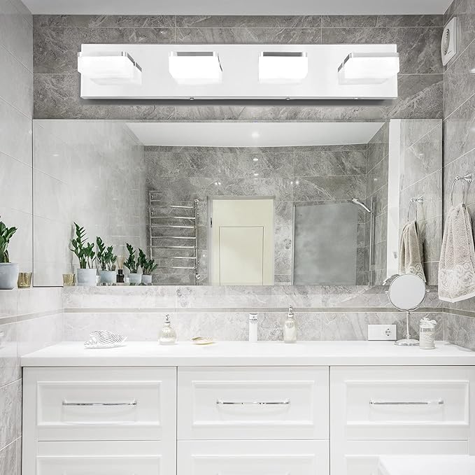 3 Colors Dimmable Vanity Lights for Bathroom, LED Chrome 4 Light Vanity Light, Acrylic Stainless Steel Bathroom Light Fixtures Over Mirror, Adjustable 3000K/4000K/6000K, 360° Rotate