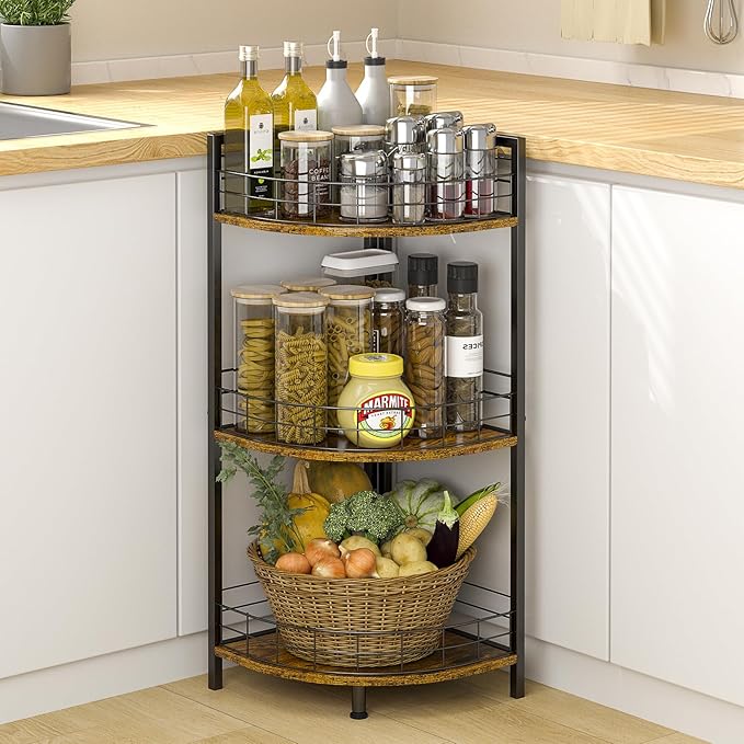 DAOUTIME Bathroom Standing Shelf, 3 Tier Corner Stand, Free-Standing Shelf Units, Triangular Curved Corner Shelf Stand for Small Space, Ideal for Bathroom,Kitchen,Vanity Storage and Organizer