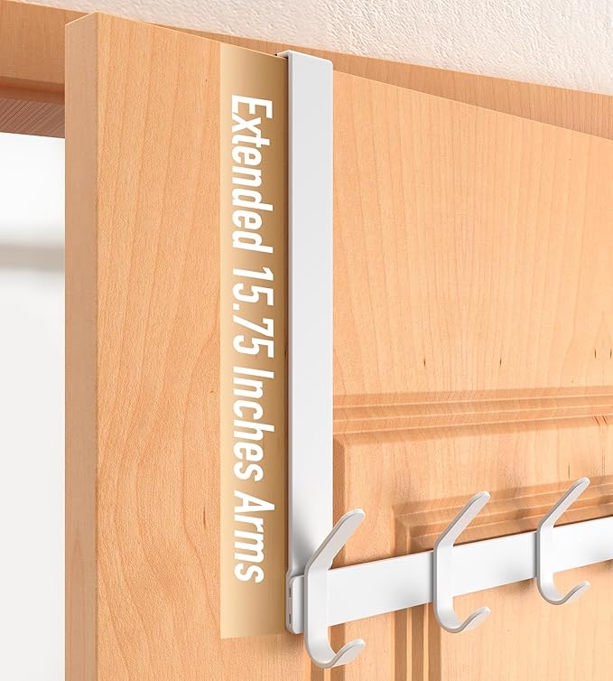 Long Over The Door Hooks Hanger with 15.75" Arms for Easier Access by Shorter, J16U, Perfectly Fits US Standard 1 3/4-inch Doors, Towel Rack Bathroom Organizer Holder, Rustproof, White