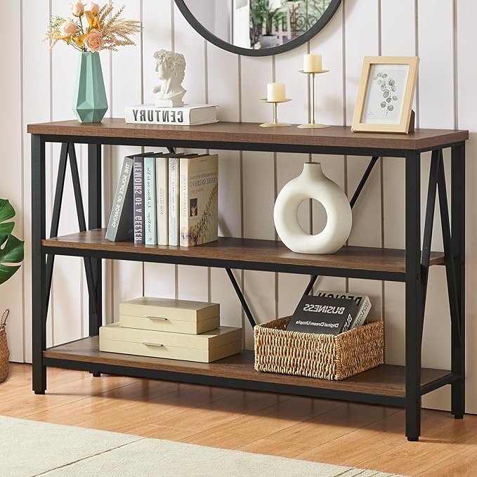 HOMISSUE Entryway Console Table, Rustic Console Table with Wide Storage, Industrial Foyer for Entryway with 3-Tier Open Shelves, Entry Tables for Living Room, Hallway, Brown, 47 Inch