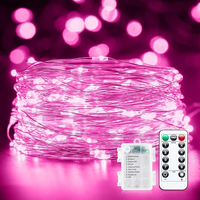66Ft 200 LED Outdoor String Lights, Pink Fairy Lights Battery Operated with Remote, Waterproof Twinkle Lights for Bedroom Dorm Patio Tapestry Backyard Garden Party Indoor Valentine's Day Decoration