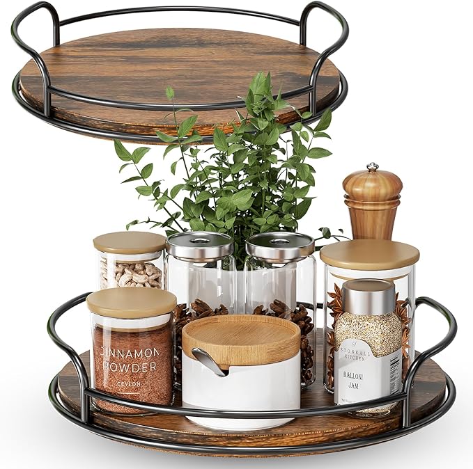 LAMU 2 Pack 9'' 10'' Lazy Susan Turntable Organizer for Table Top Cabinet, Wooden Lazy Susan for Kitchen, Pantry, Countertop, Bathroom Vanity, Spice Organization, Wood Decor