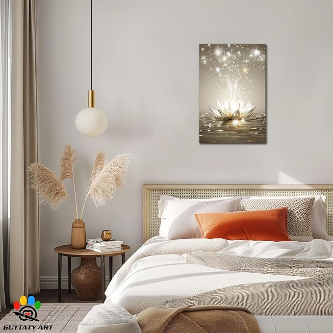 Zen White Lotus Flower Canvas Wall Art, Lotus Floral Pictures Wall Print, Spiritual Water Lily Canvas Prints, Lotus Bloom on Water Poster, Zen Meditation Spiritual Artwork for Yoga Spa Room 24x36 inch