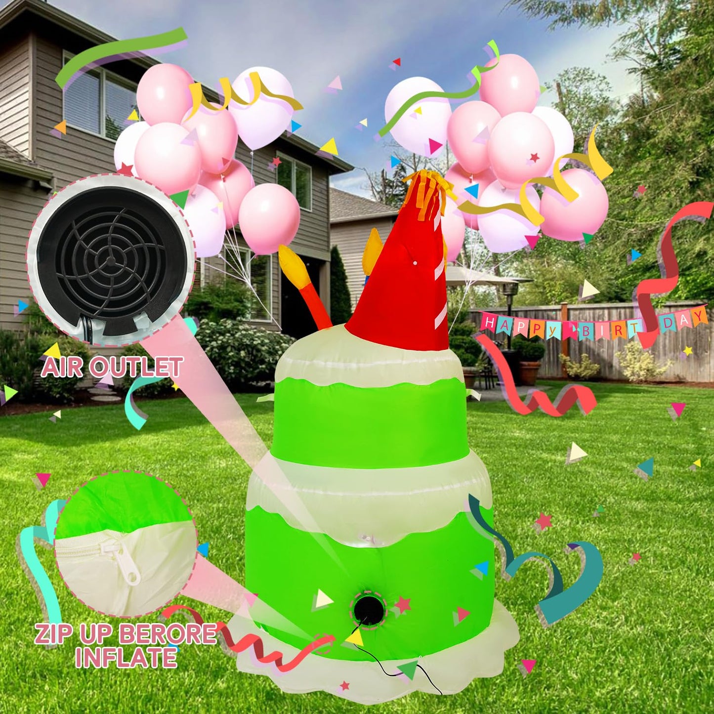 HZGDEJTG 4FT Birthday Cake Birthday Party Outdoor Inflatable Decoration, Outdoor Inflatable Decoration with LED Lights, Birthday Inflatable Decoration for Garden, Patio, Lawn