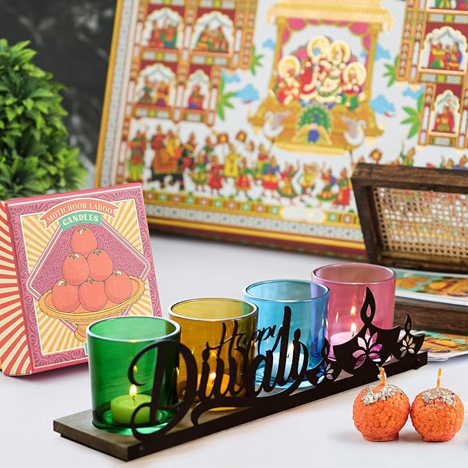 Diwali Home Decoration, Diwali Gifts, Colorful Glass Votive Tealight Candle Holders with Wooden Tray for Table Centerpiece
