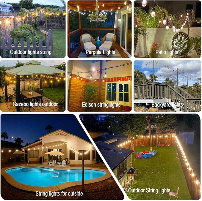 Commercial Outdoor String Lights 48FT, 15+1 LED Replaceable S14 Edison Bulbs 2200K, Black Weatherproof Cord for Patio Bistro Yard Pergola Lights, Linkable