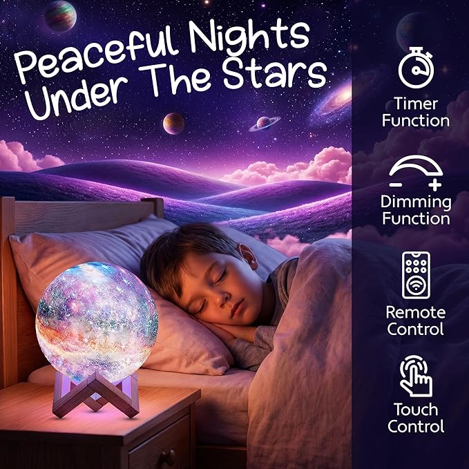 Mind-Glowing Galaxy Moon Lamp with Multi Colors, Touch/Remote, Wood Stand - Birthday Gift for Any Year Old Girls & Boys - Teen Girl Room Decor, Trendy Stuff - Cool Night Light for Kids (5.9 inch)