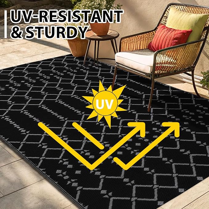Smiry Outdoor Rug 9x12 ft, Waterproof Reversible Plastic Straw Rugs, Boho Outdoor Area Rug, Outside Floor Mat for Patio, Backyard, Deck, Picnic, Beach, Camping, Dark Grey