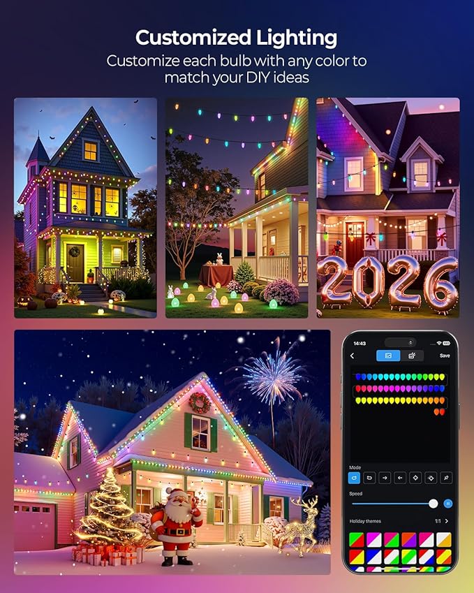 YAYZA! Smart C9 Christmas Lights Outdoor, 200 LED 130 FT RGB C9 String Lights with APP & Remote Control, 105 Modes, Music Sync, Connectable Waterproof Christmas Lights for Roofline Patio Xmas Decor