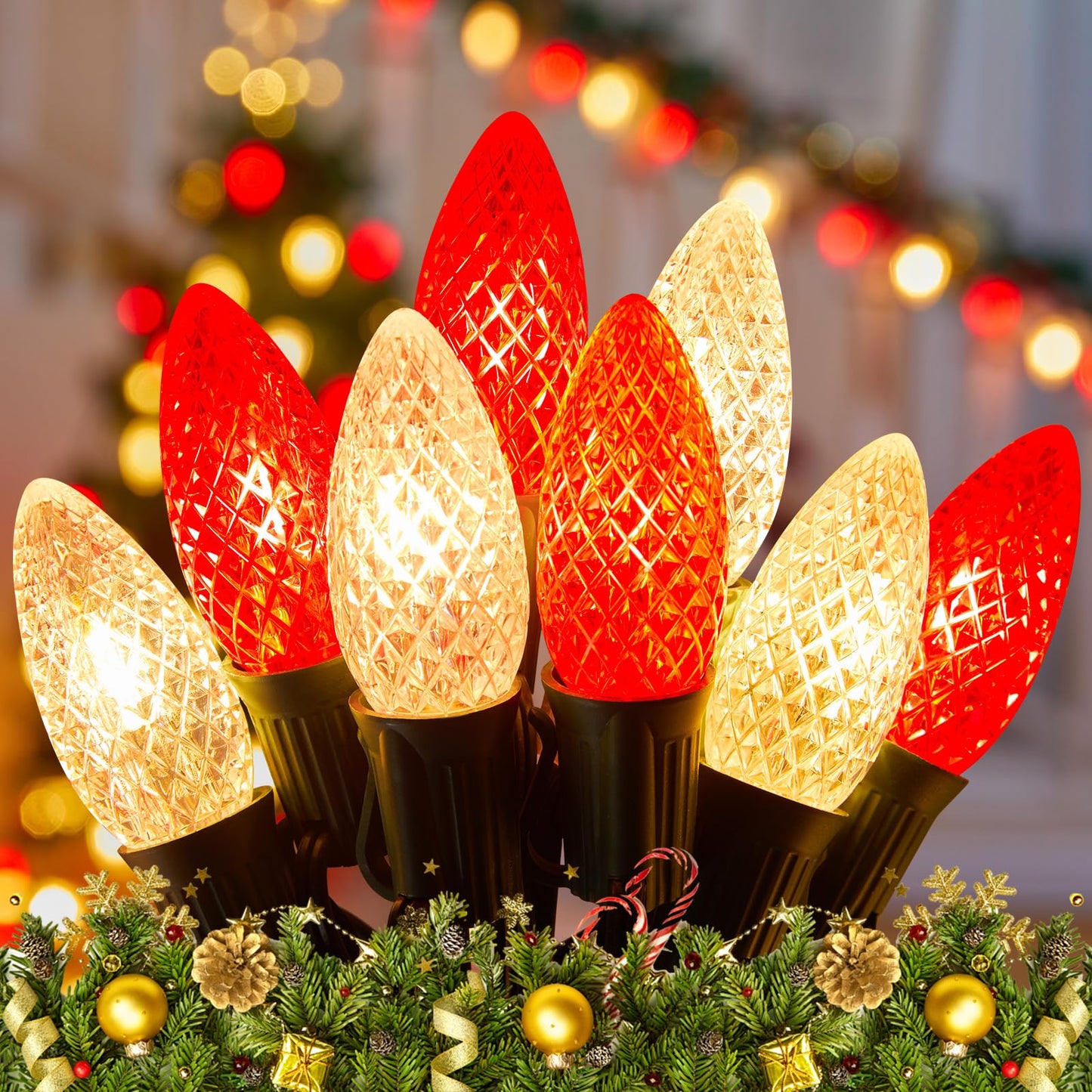 Minetom C9 LED Christmas Lights ·150 FT, 75 LED, Waterproof, Red and Warm White, Indoor/Outdoor Decor