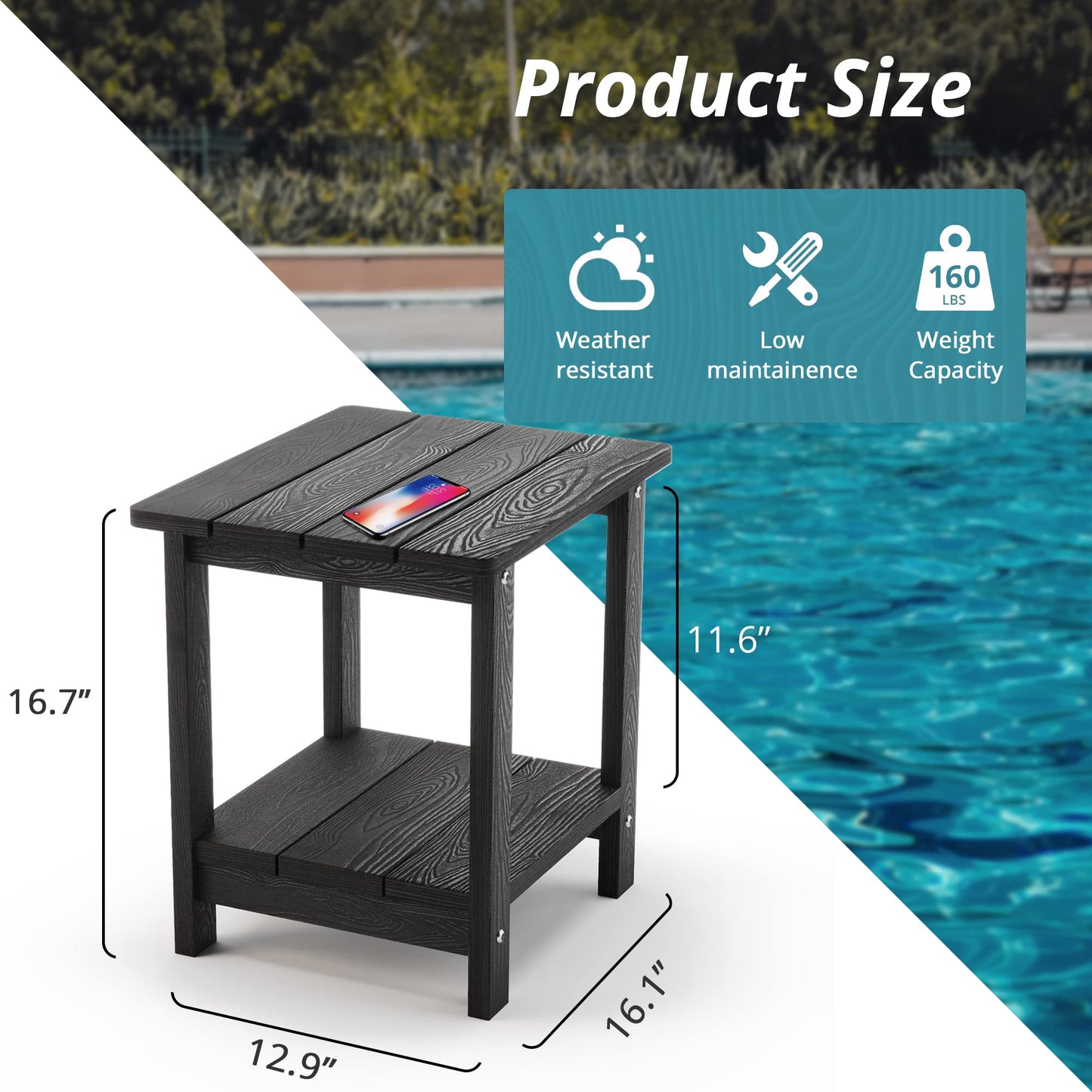 LUE BONA Adirondack Outdoor Side Table, 2-Tier Black HDPS Patio End Table Weather Resistant, Morden Side Table for Patio, Pool, Porch