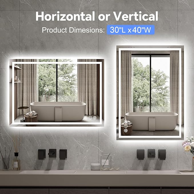 LED Bathroom Mirror 30x40 Inch Anti-Fog Bathroom Mirror with Lights, Wall Mounted Lighted Vanity Mirrors, Dimmable, Backlit + Front Lit, Smart Bathroom Vanity Mirror with 3 Colors Temperature