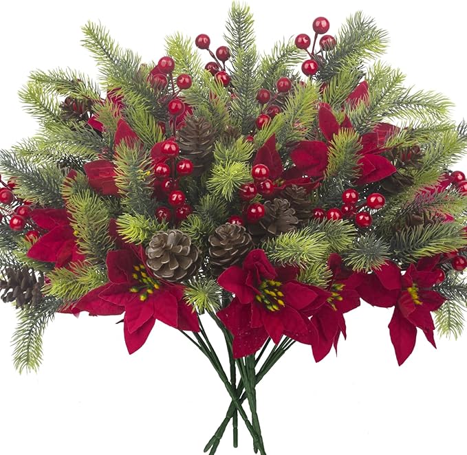 8PCS Artificial Flowers Bouquet Christmas Floral Pine Cones Red Fake Berry Picks Stems Holly Holiday Floral Picks for Xmas Tree Party Decoration DIY Indoor Table Centerpieces