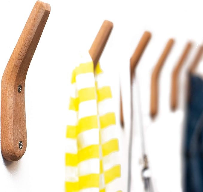 UMZi Wood Wall Hooks, 2 Pack Coat Hooks Mounted Rustic Wooden Heavy Duty Robe Hook Hat Rack | for Hanging Bathroom Towels Clothes Hanger (Beech Wood)