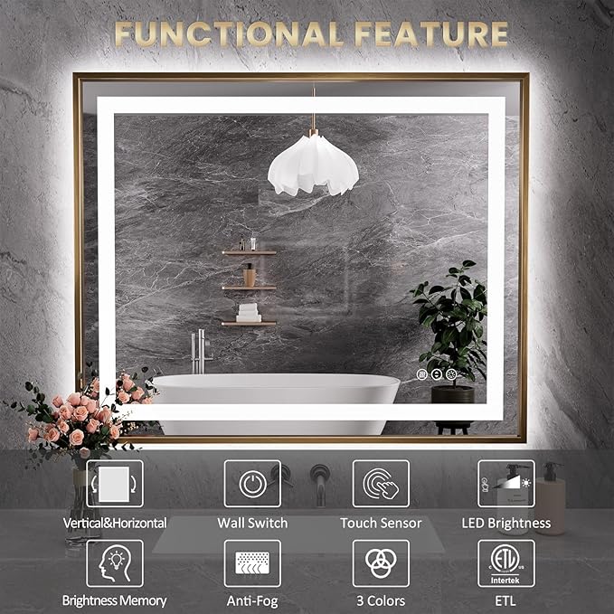 Amorho 60"x 36" LED Bathroom Mirror, Golden Metal Framed Mirror with Front Light and Backlit, Stepless Dimmable, Anti-Fog, Shatter-Proof, Memory, 3 Colors