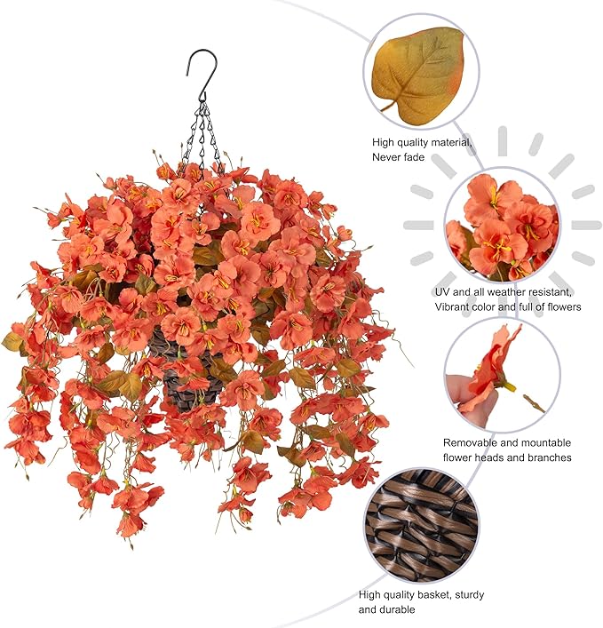 Artificial Fake Fall Hanging Flowers Plants Baskets, 5Pcs Faux Silk Hibiscus Long Vines Outdoor Plants in Planter UV Resistant Realistic Flower for Outside Home Porch Patio Garden (Fall Orange)