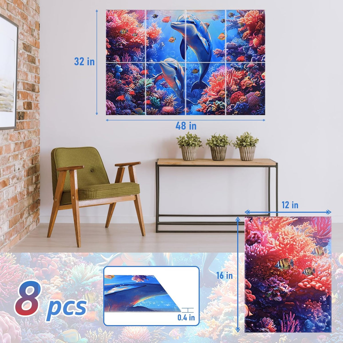 8 Pack Acoustic Panels,48"X32" Soundproof Wall Panels, Self Adhesive Sound Absorbing Wall Art,Decorative Sound Dampening Panels, Art Acoustic Treatment for Studio, Bedroom, Office(Dolphin)