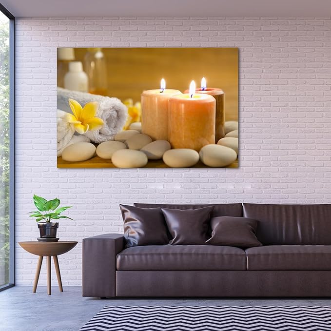 Zen Wall Art Decor, Modern Bathroom Zen Decor Wall Art, Large Zen Relaxing Canvas Wall Art for Spa Room Decor, Pebble and Lighted Candles Zen Canvas Prints for Office & Spa Wall Decor 32x48 Inches