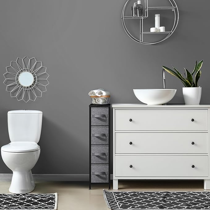 Sorbus Narrow Dresser with 4 Drawers - Vertical Slim Storage Chest of Drawers with Steel Frame, Wood Top & Easy Pull Fabric Bins for Small Spaces, Closets, Bedroom, Bathroom & Laundry (Black/Charcoal)
