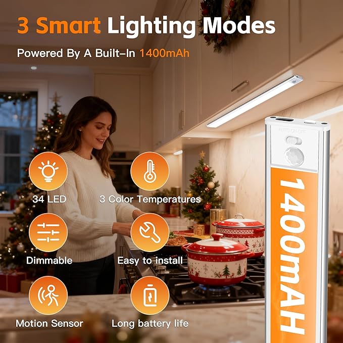 7.9inch Motion Sensor Cabinet Lights, 1400mAh 34 LED Beads, USB-C Charging, 3 Color Temperatures, for Long Lasting Durability Easy to Install, Magnetic Under Cabinet Light Suitable for Kitchens(4Pack)